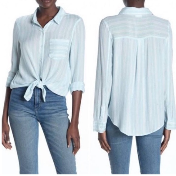 Abound Stripped Tie-Front Long Sleeve Button Down Shirt, Size M - Picture 2 of 10